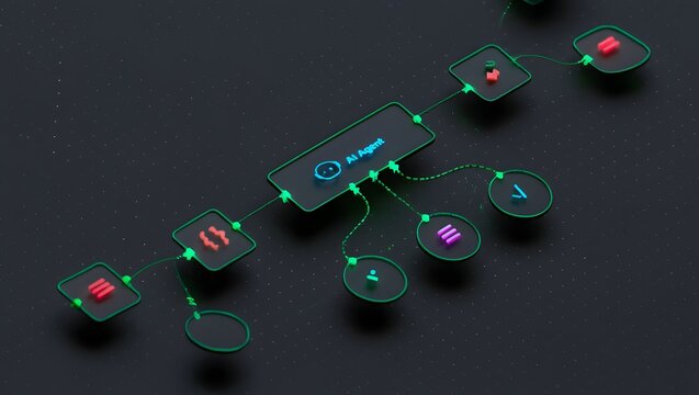 AI workflow automation artificial intelligence software interface nodes triggers data tool dashboard coding icon flow process technology 3d rendering. - Powered by Adobe