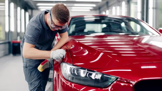 Technician inspecting a car hood after using glue pull tabs to seamlessly remove dents without repainting in a welllit workshop.