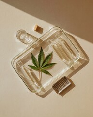 Sunlit arrangement with cannabis leaf and glass elements for modern minimalist design,,National Hemp Day