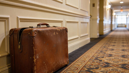 Vintage suitcase on hotel hallway carpet with elegant walls and light shining at the end of corridor. Travel memories created with antique suitcase placed against wall in upscale hotel.