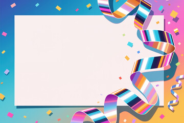 Obraz premium Vibrant illustration for a holiday celebration, featuring a white frame with colorful ribbons and confetti on a gradient background, in a playful style.