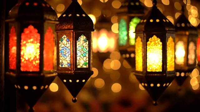 Colorful lanterns with intricate designs and soft bokeh lighting.