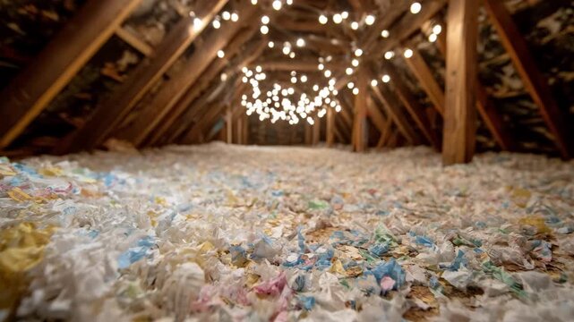 Medium view of urban recycled insulation material made from shredded paper applied in an attic demonstrating modern ecoconscious thermal solutions for city housing.