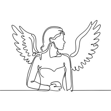 Angel woman with snaw wings in profile one-line illustration