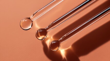 Skincare and beauty concept with glass droppers on peach background for cosmetic design