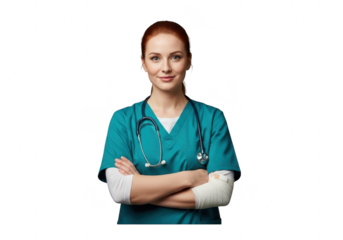 Smiling redhead woman in teal scrubs with a stethoscope isolated on transparent background