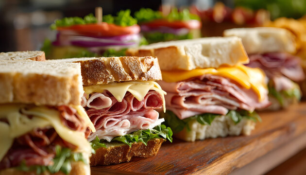 Variety of deli sandwiches featuring salami, ham, and cheese, arranged for serving, Food & Drink, casual dining
