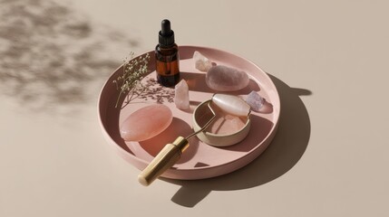 Wellness and self-care with pink quartz and essential oils for relaxation and meditation
