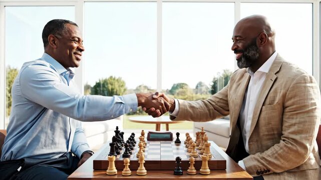 Two black men shaking hands over a chess board as part of a friendly game or business agreement outdoors