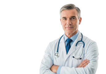 Smiling middleaged doctor with stethoscope around neck standing confidently isolated on transparent background