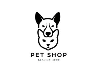 Simple black line art pet shop logo with dog and cat heads isolated on transparent background