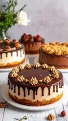 Delicious Vegan Cakes with Chocolate Drizzle and Nut Toppings.