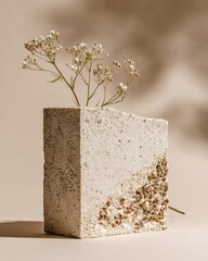 Minimalist floral arrangement with dried flowers in textured stone block for natural decor