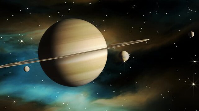 Saturn Planet With Rings and Moons in Space.