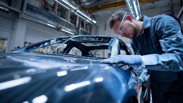 Midrange view of a mechanic swiftly replacing a 3D printed automotive panel on a car body demonstrating rapid manufacturing efficiency.
