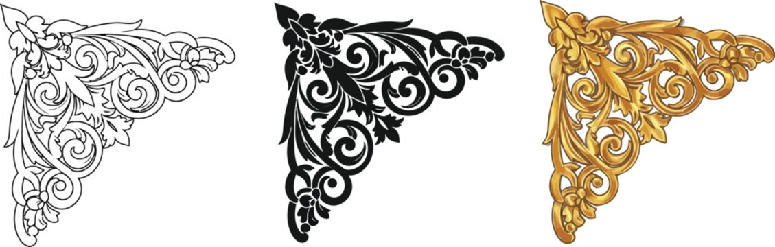 Collection of ornate corner flourishes in black white and gold vector styles perfect for decorative borders and vintage design elements