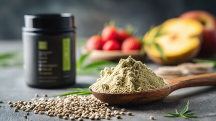 Protein powder with superfoods including hemp seed and fruits for health and wellness