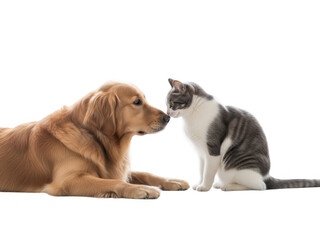 Golden retriever dog and gray cat touching noses on transparent background