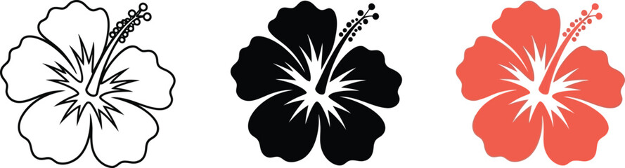 Collection of hibiscus flower icons simple vector graphics in outline solid black and coral red for tropical design elements © Ahmad
