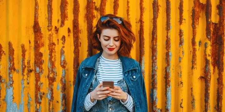Young Woman Texting on a Rusty Wall