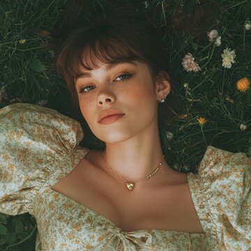 Young woman lying down in grassy field