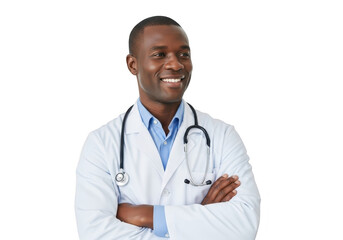 Smiling african american male doctor in white lab coat and stethoscope isolated on transparent background