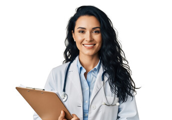 Smiling female doctor holding clipboard isolated on transparent background with stethoscope