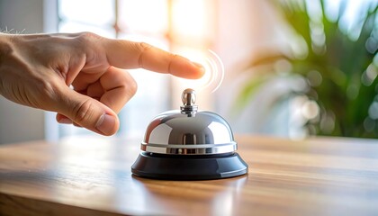 Close-up of a finger pressing a silver hotel service bell with glowing rings desk reception