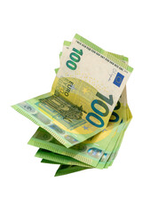 Hundred-euro banknotes scattered isolated on white with clipping path included