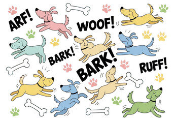 Colorful cartoon dogs in different poses and breeds playing with bones and making sounds isolated on transparent background