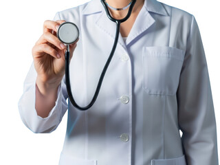 A female doctors torso holding a stethoscope on a transparent background