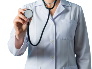 A female doctors torso holding a stethoscope on a transparent background