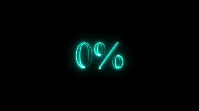 0 Percent royal sky blue color neon light glowing animation on a black backgrownd,with 4k video animation.