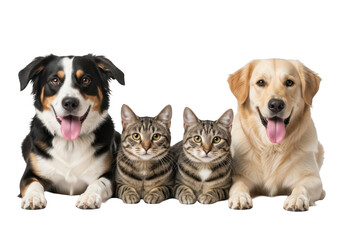 Three pets lying down together isolated on transparent background