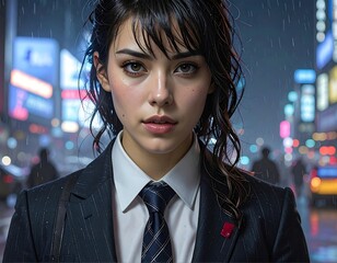 Determined Woman in Suit Amidst City Lights.