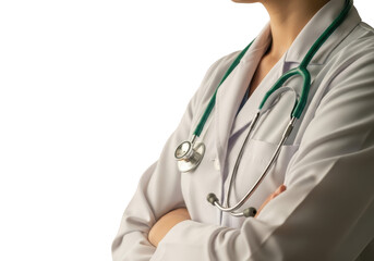 Cropped view of doctor with arms crossed and stethoscope isolated on transparent background