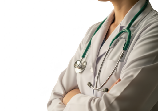 Cropped view of doctor with arms crossed and stethoscope isolated on transparent background - Powered by Adobe