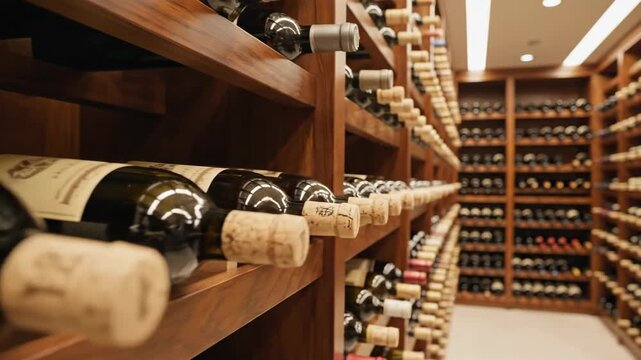 Interior view of large wine cellar with shelves full of bottle, storage and collection concept for alcohol beverage