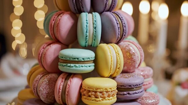 An exquisite pyramid of pastel-colored French macarons, elegantly stacked as a decadent dessert centerpiece for festive celebrations and gourmet events