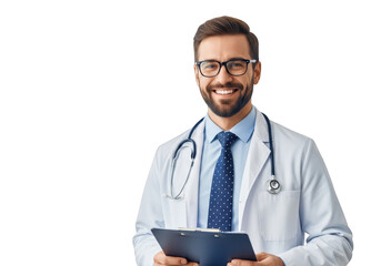Smiling doctor isolated on transparent background holding a clipboard and wearing glasses and a stethoscope