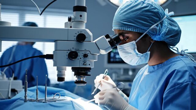 Female surgeon performing delicate operation with surgical microscope and instruments in operating theater