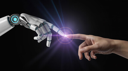 Robot and Human Touching Fingers in Futuristic Glow with Blue Lighting on Black Background for Technology