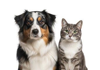 A dog and a cat sitting side by side looking forward isolated on transparent background