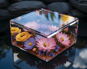 Modern Glass Cube Display with Vibrant Multicolored Flowers