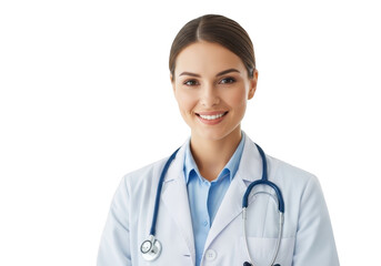 A smiling doctor in a white lab coat and blue shirt isolated on transparent background