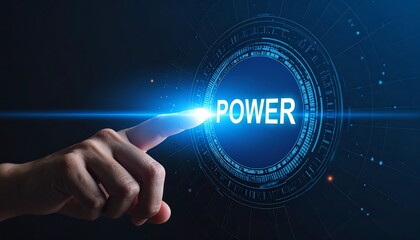 Finger touching a bright blue digital power button with a dynamic futuristic interface and light effects