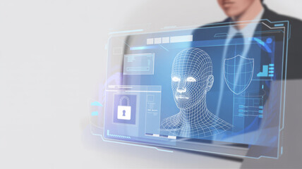 Futuristic interface with digital human face in blue neon lighting on transparent screen for tech innovation