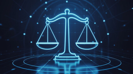 Glowing Scales of Justice in Futuristic Neon Blue Lighting on Dark Background with Circuit Board Texture for Law and Order