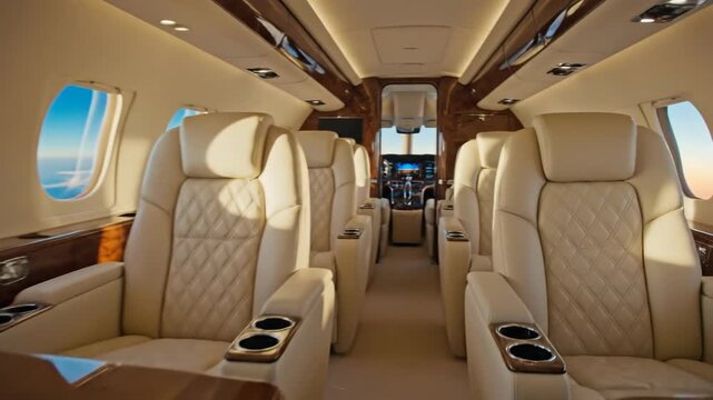 Luxury private jet interior with light leather seats and wooden tables flying at high altitude, views from window. Business travel concept.