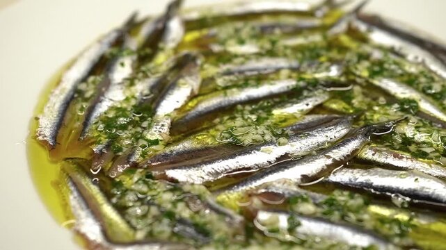 Closeup of Anchovies Marinated in Vinegar (Boquerones en Vinagre), Spanish tapas